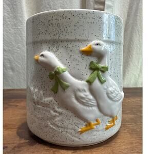 Ceramic Country Goose Blue Speckled Design Utensil Holder 90's Kitchen Decor